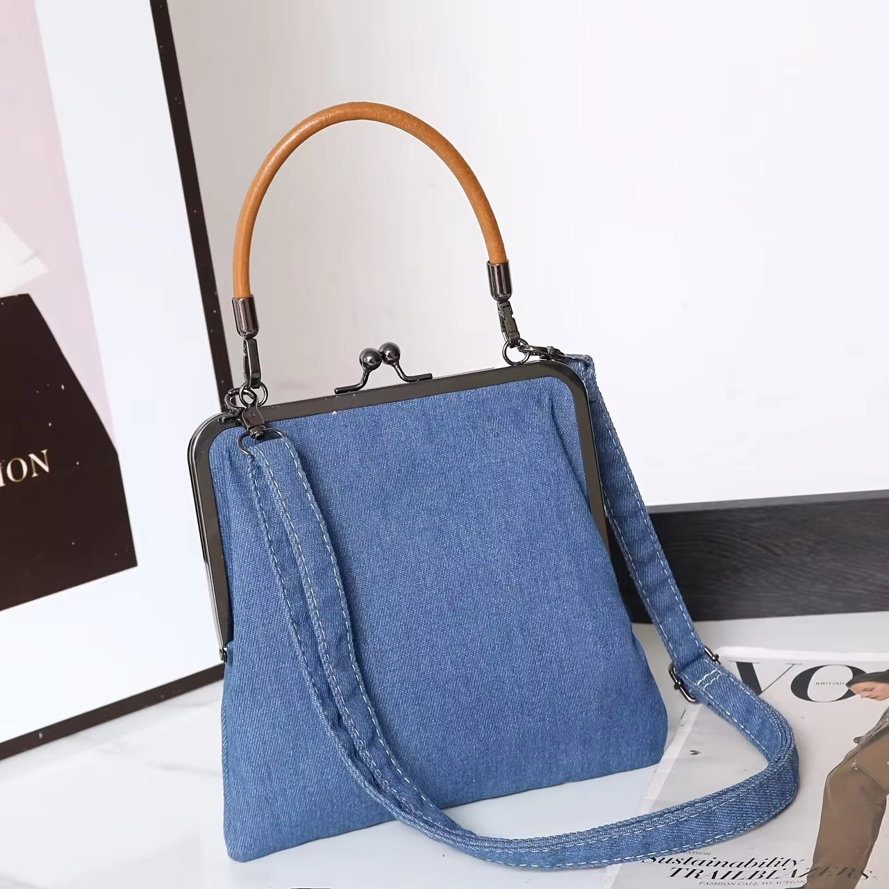 Cavelle | Denim & Leather Frame-Top Handbag