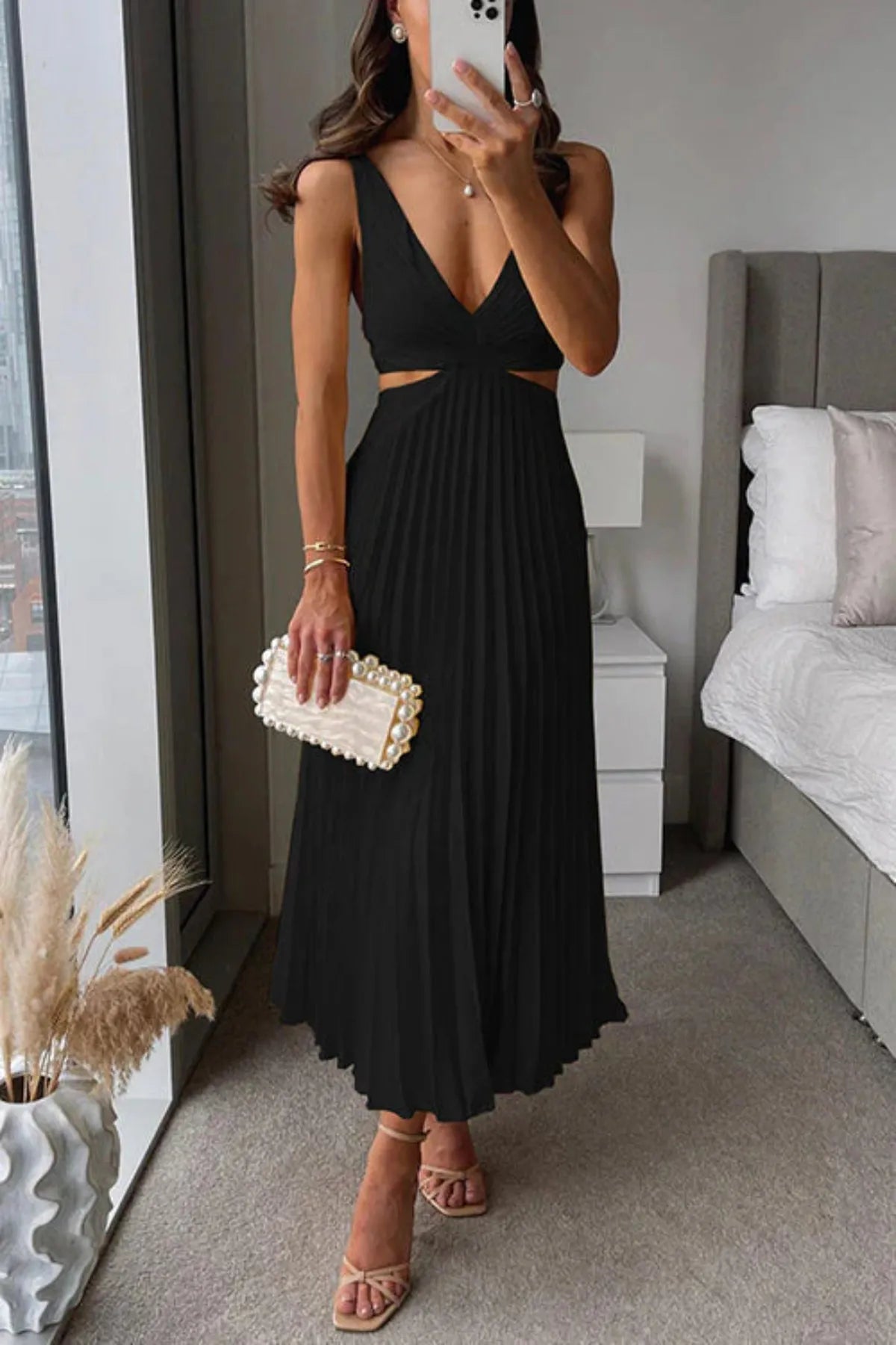 Berta | Women’s Pleated Cut-Out Maxi Dress
