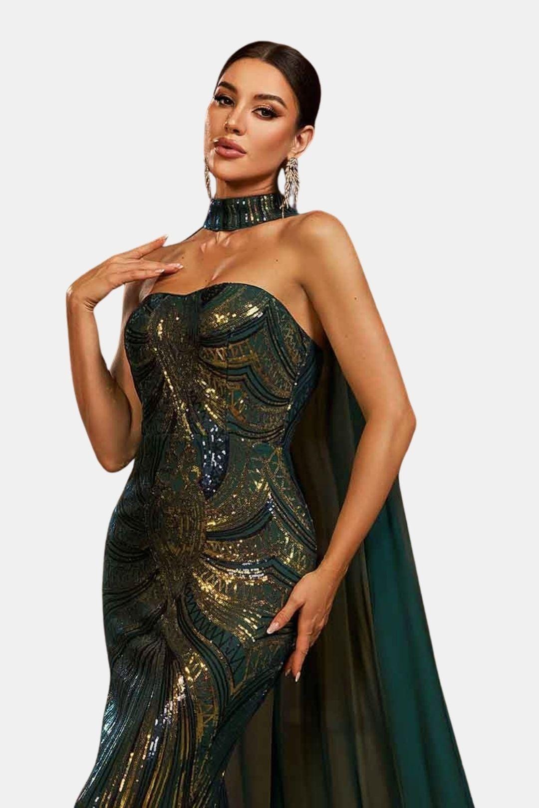 Selviera | Sequin Cape Mermaid Evening Dress