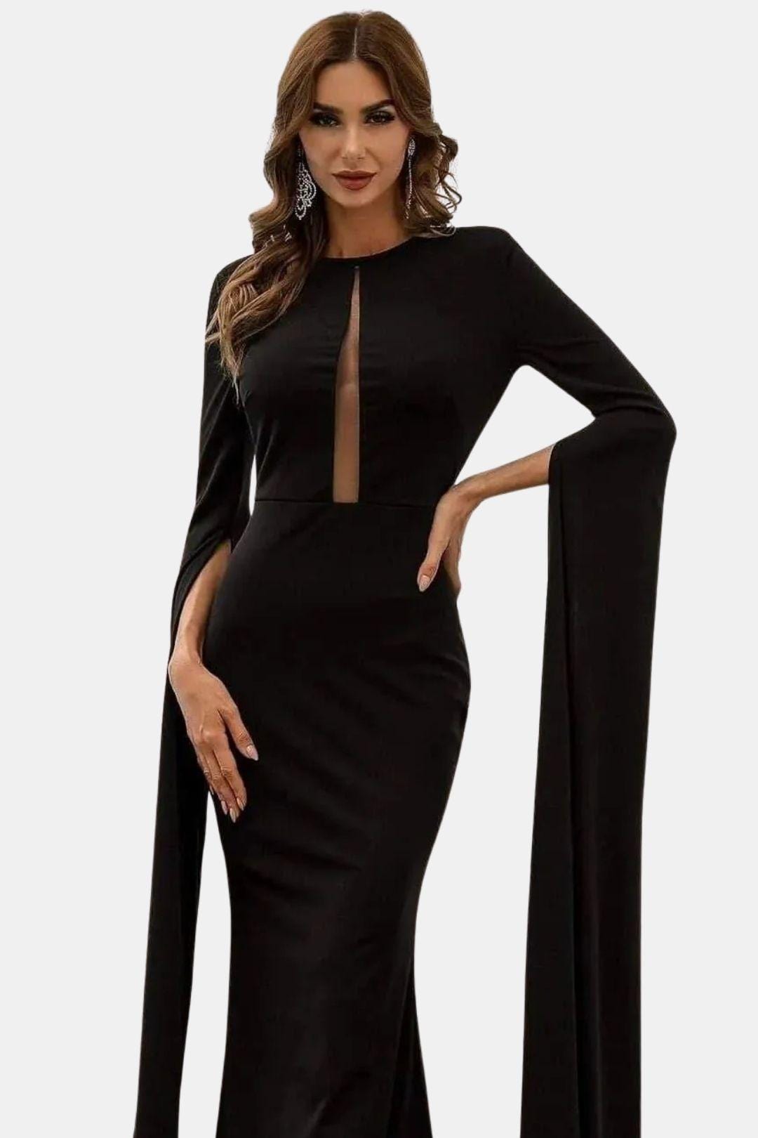 Velissia | Cape Sleeve Cutout Black Mermaid Evening Dress