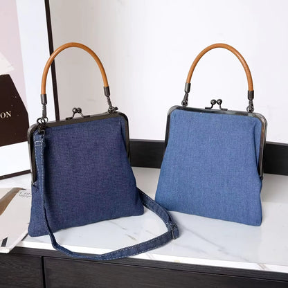 Cavelle | Denim & Leather Frame-Top Handbag