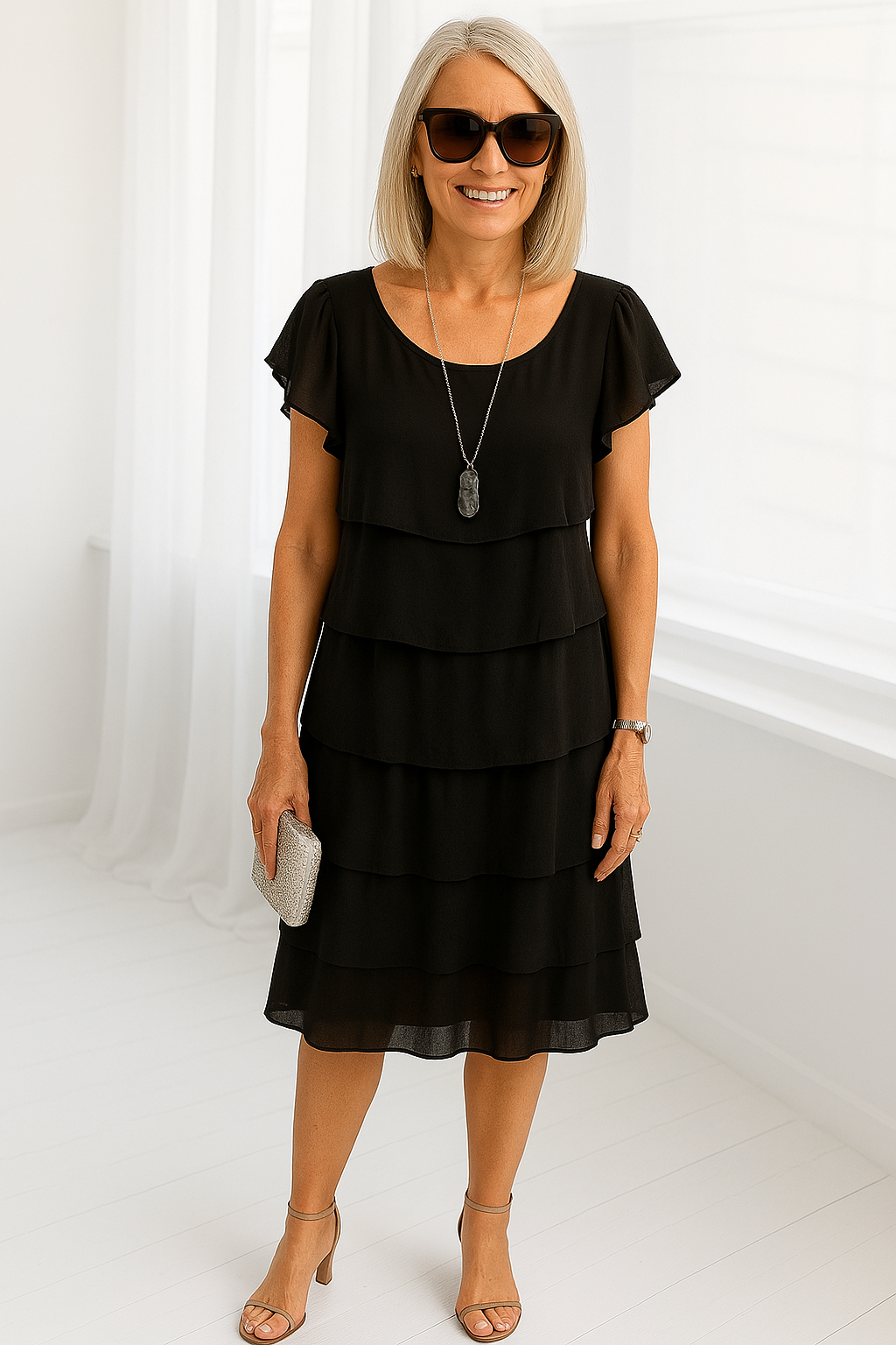 Lola | Women’s Tiered Knee-Length Cocktail Dress with Flutter Sleeves