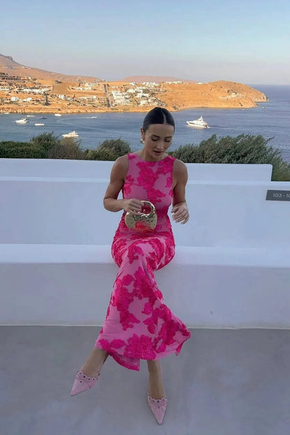 Amara | Women’s Embroidered Racer-Neck Maxi Dress