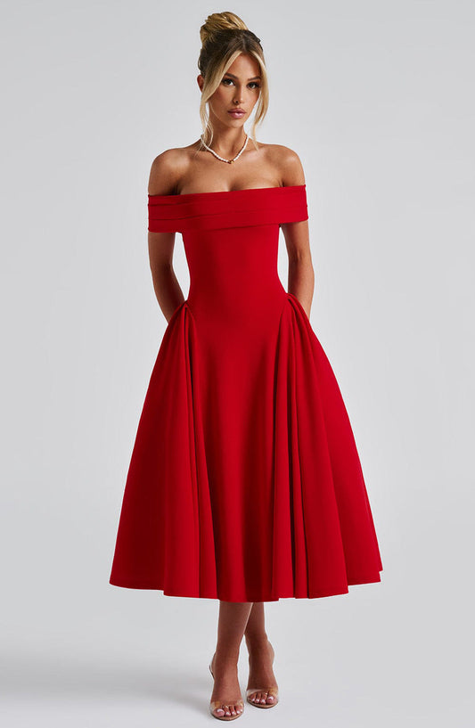 Cherie | Off-Shoulder Pleated Midi Dress