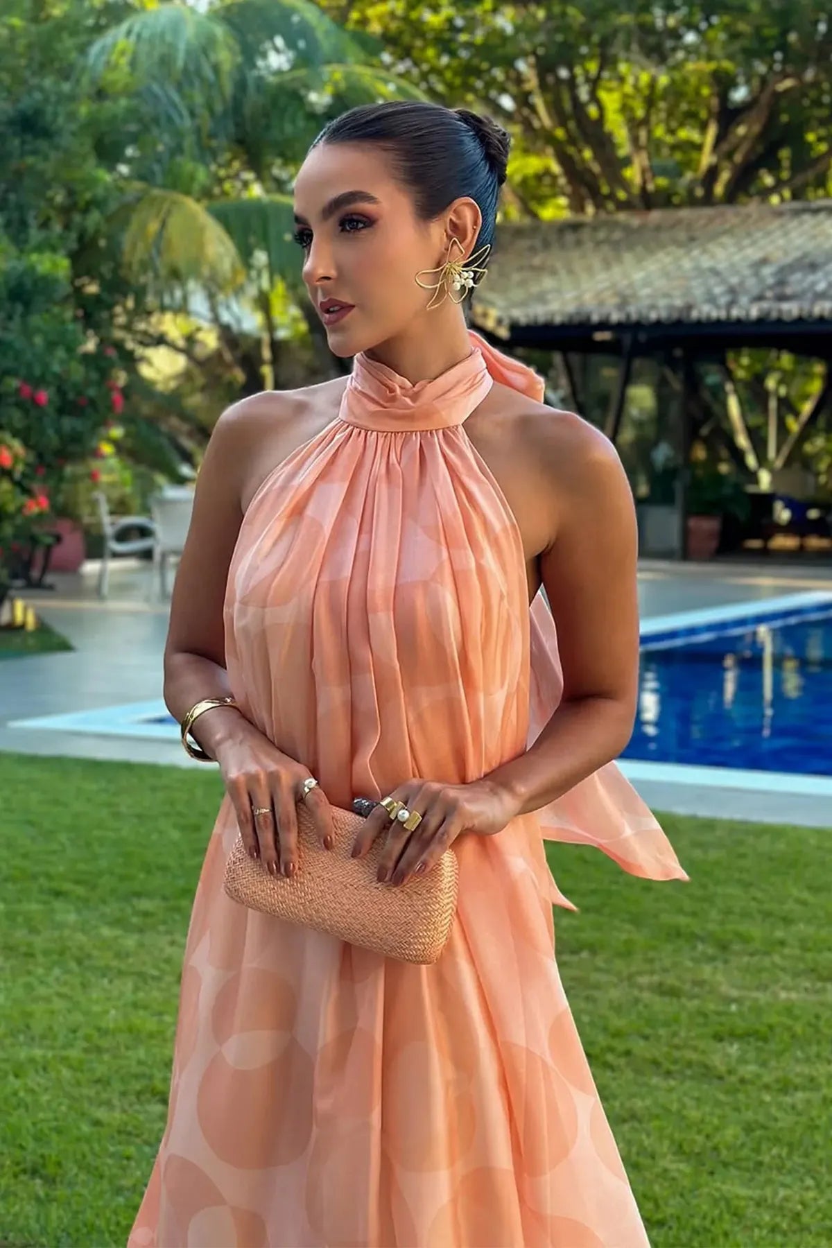 Elara | Geometric Print Halter Maxi Dress