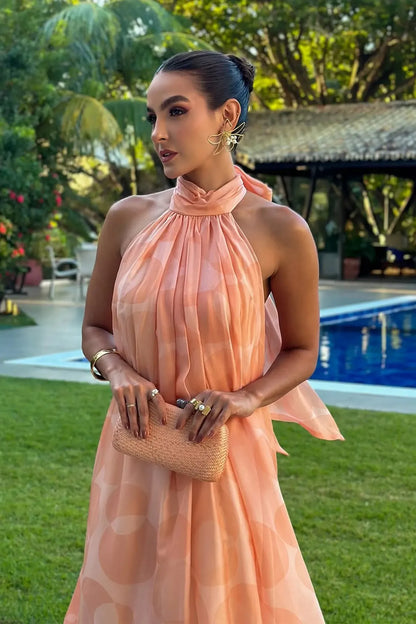 Elara | Geometric Print Halter Maxi Dress