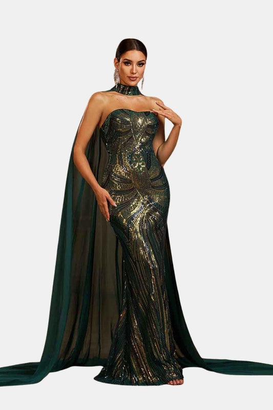 Selviera | Sequin Cape Mermaid Evening Dress