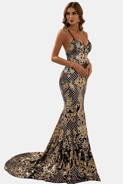 Seraphina | Baroque Sequin Backless Maxi Dress