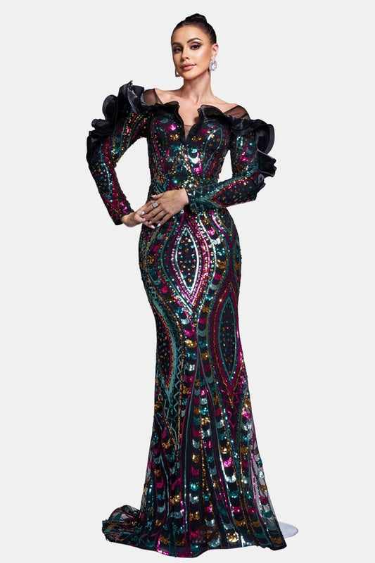 Serelisse | Ruffled Off-Shoulder Sequin Mermaid Evening Dress