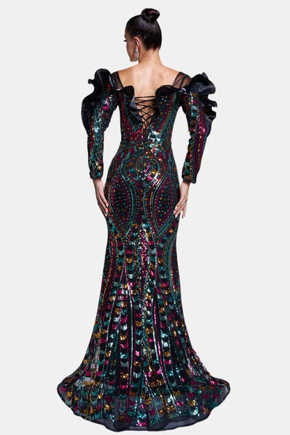 Serelisse | Ruffled Off-Shoulder Sequin Mermaid Evening Dress