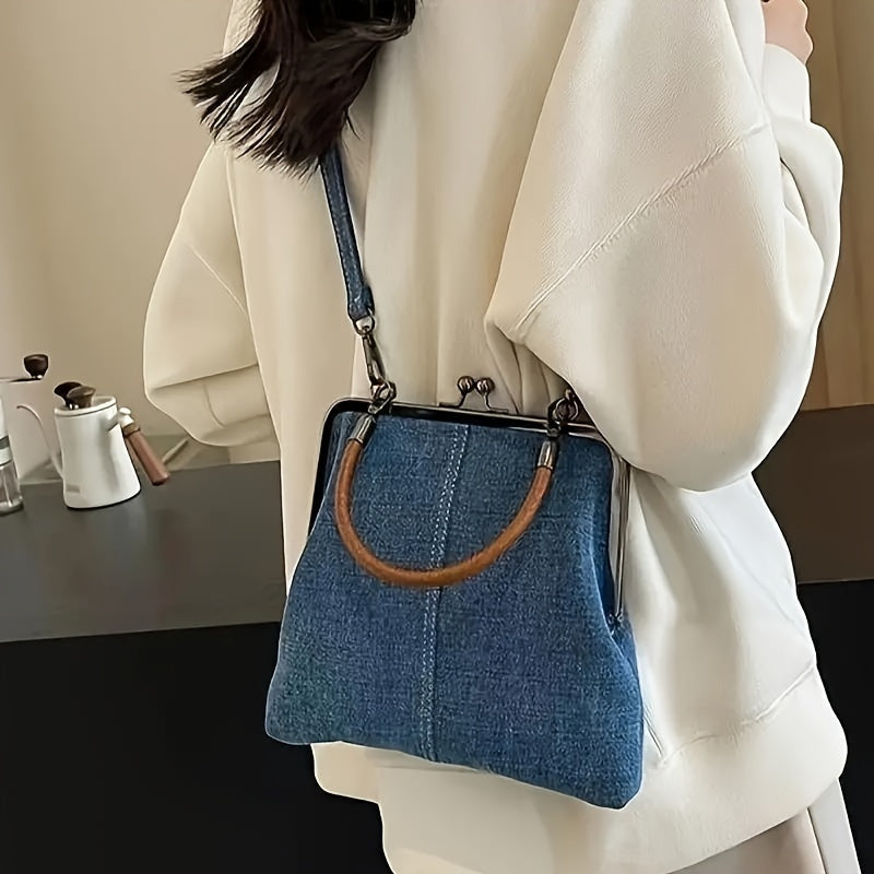 Cavelle | Denim & Leather Frame-Top Handbag