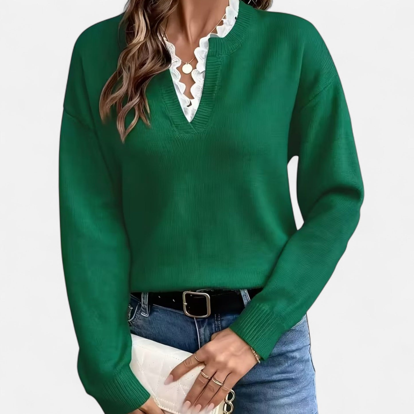 Quenara | Women’s Lace-Trim V-Neck Knit Sweater