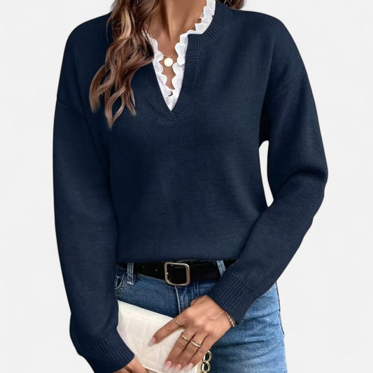 Quenara | Women’s Lace-Trim V-Neck Knit Sweater