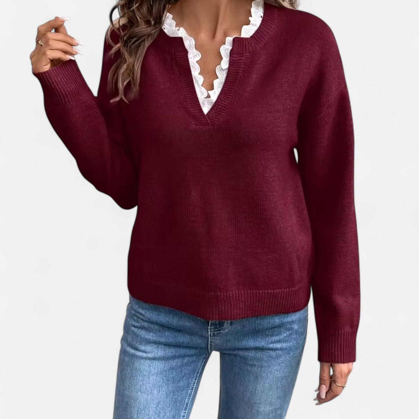Quenara | Women’s Lace-Trim V-Neck Knit Sweater