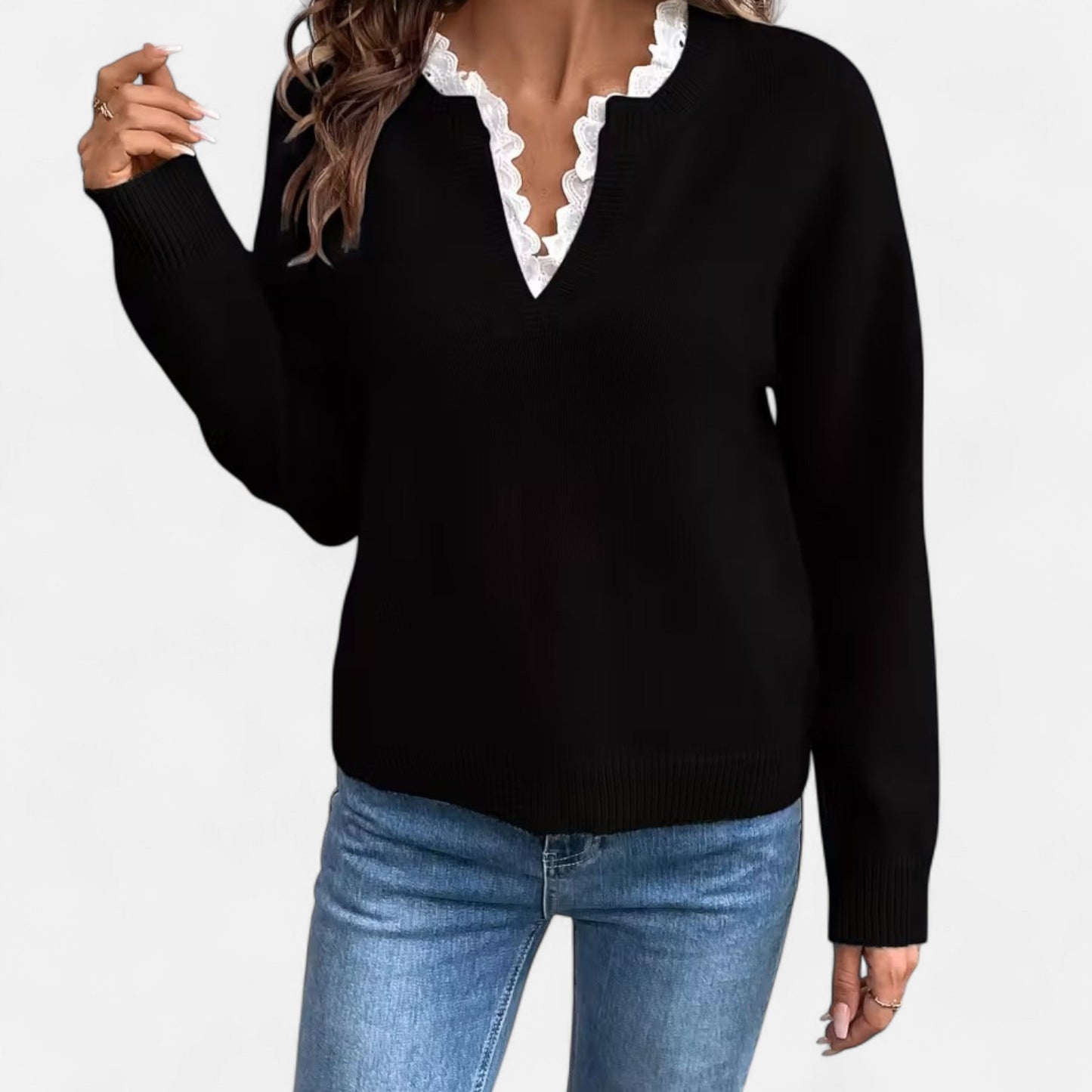 Quenara | Women’s Lace-Trim V-Neck Knit Sweater