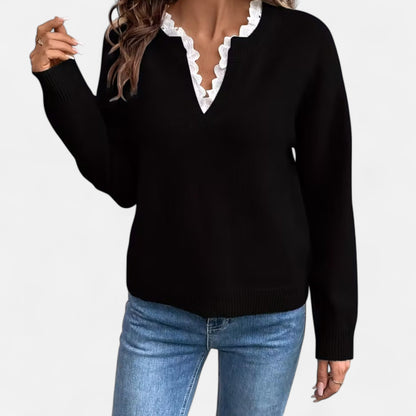 Quenara | Women’s Lace-Trim V-Neck Knit Sweater